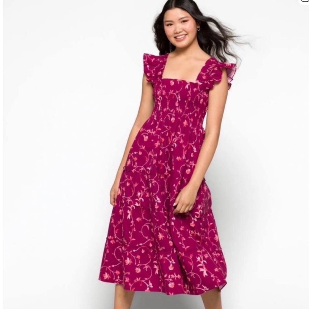 Hill House Ellie Nap Dress Burgundy Floral Print Smocked Top Midi Dress XS